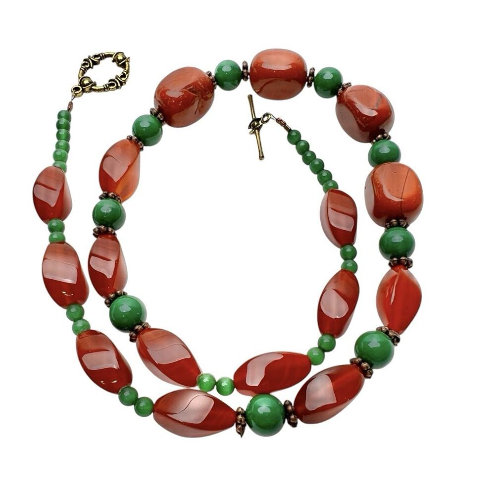 Artisan Glass Beaded Necklace Orange Green Quartz Glossy Smooth Stones Fashion